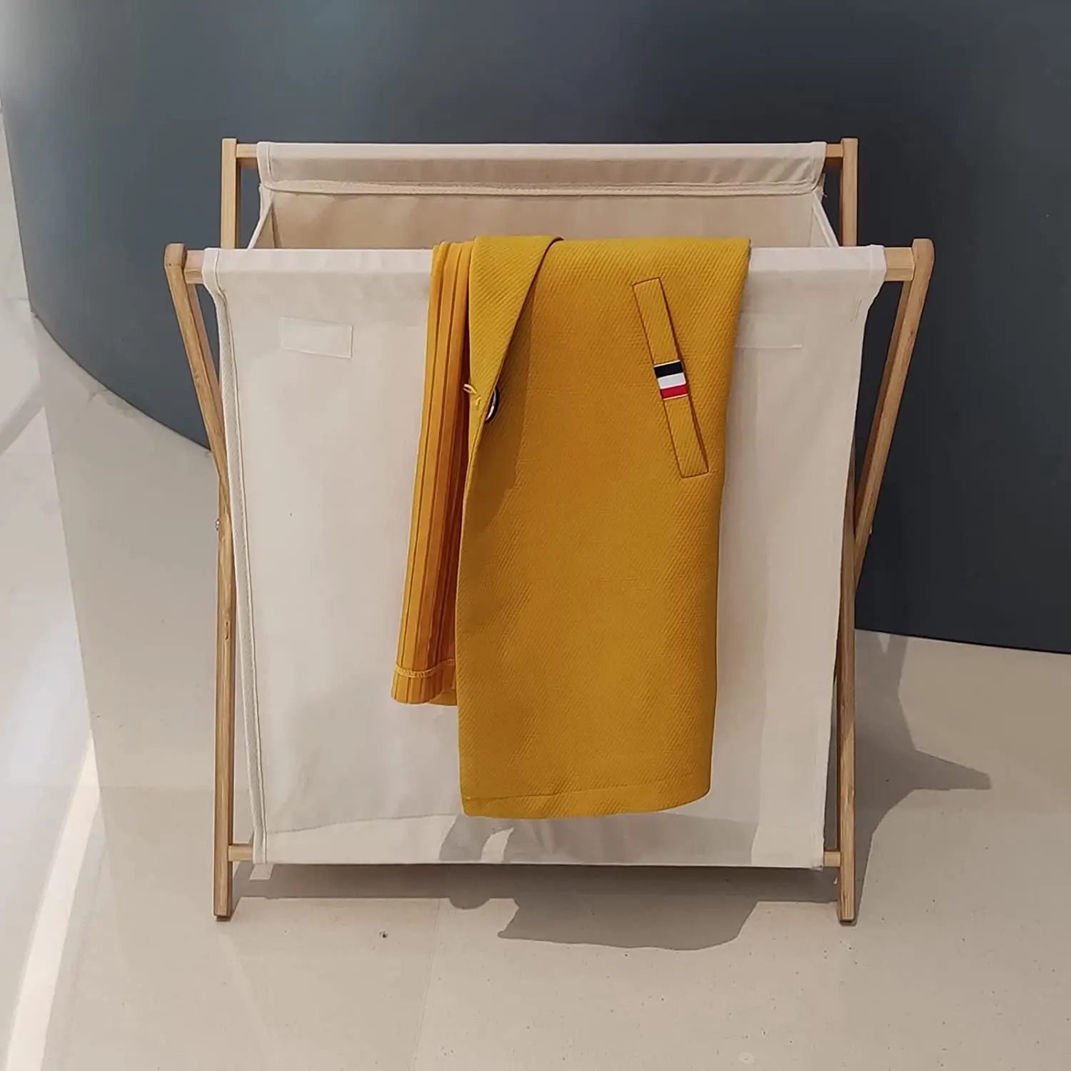 Customizable Size Bamboo Foldable Laundry Hamper Fabric and Linen Clothing Storage Bins Collapsible Basket for Dirty Clothes