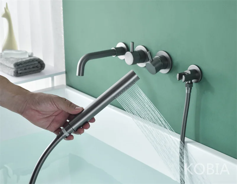 High Flow Matte in Wall Black Bathtub Faucet Wall Mount Waterfall Tub Filler Faucet with Hand Shower