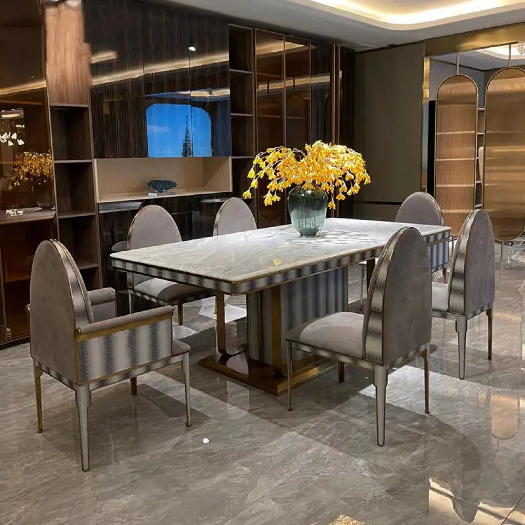 Hot selling dining room set Fen di benley style crocodile leather gold metal luxury dining chair dining table set series