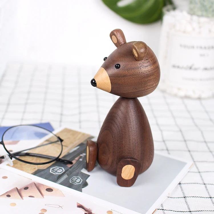 
solid wood animal figurines ornaments for Little brown bear wood Crafts toys home Decor for kids handy crafts 