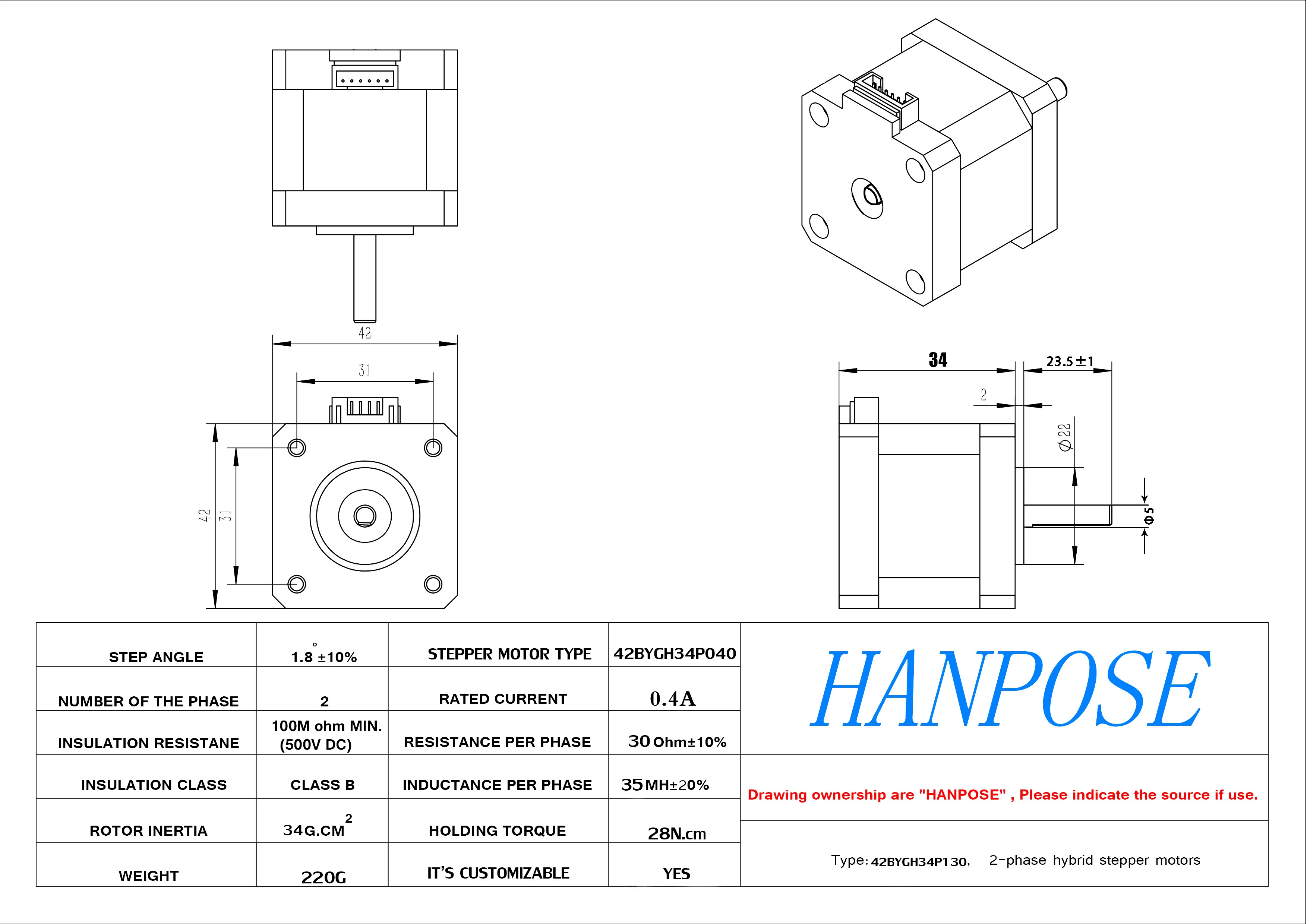 HANPOSE Two-phase 1.3A 4-lead  28N.cm 17HS3430S motor 12v for 3D printer factory direct sales cnc plotter  nema17 stepper motor