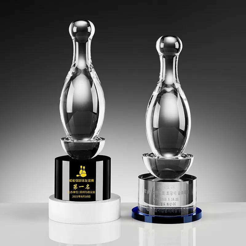 Custom hot sale luxury transparent bowling pins ball Trophy Cup Metal Sports Award glass crystal Bowling Trophy with holder