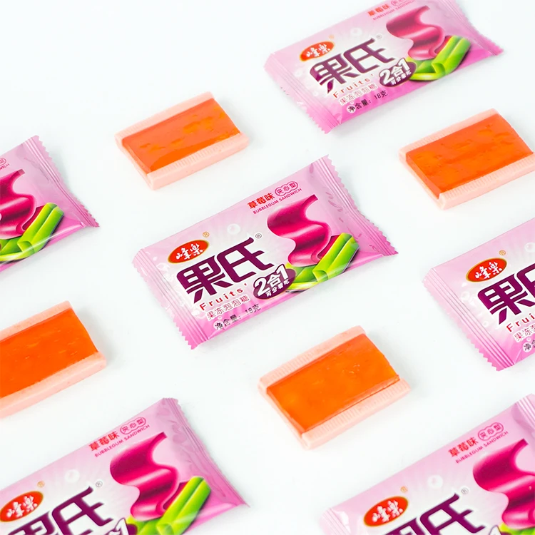 Wholesalers Jelly Candy Fruit Flavours Sandwich Bubble Gum Gummy Sweet Chewing Gums Factory Supply