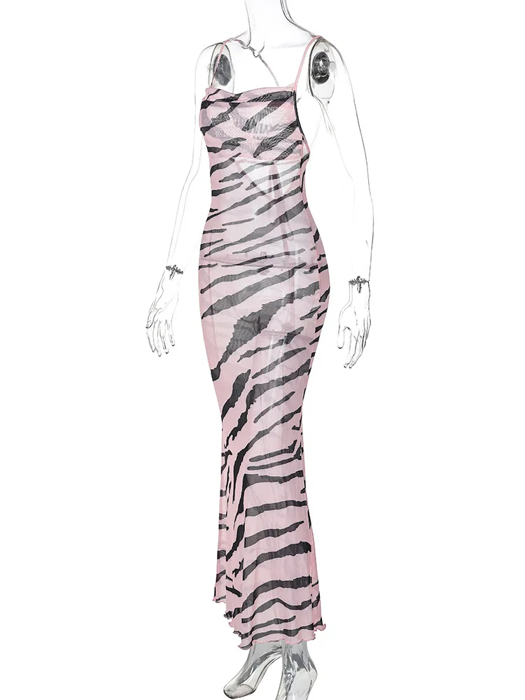 Summer Spaghetti Strap Lace Up Backless Pink Zebra Print Long Dress For Women See Through Mesh Beach Bodycon Maxi Dress
