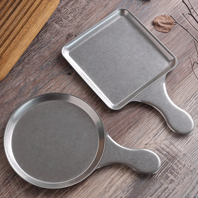 304 Retro Stainless Steel Flat Bottom Snack Plate round Square Western Steak Barbecue Handle Kitchen Bowls Set for Weddings
