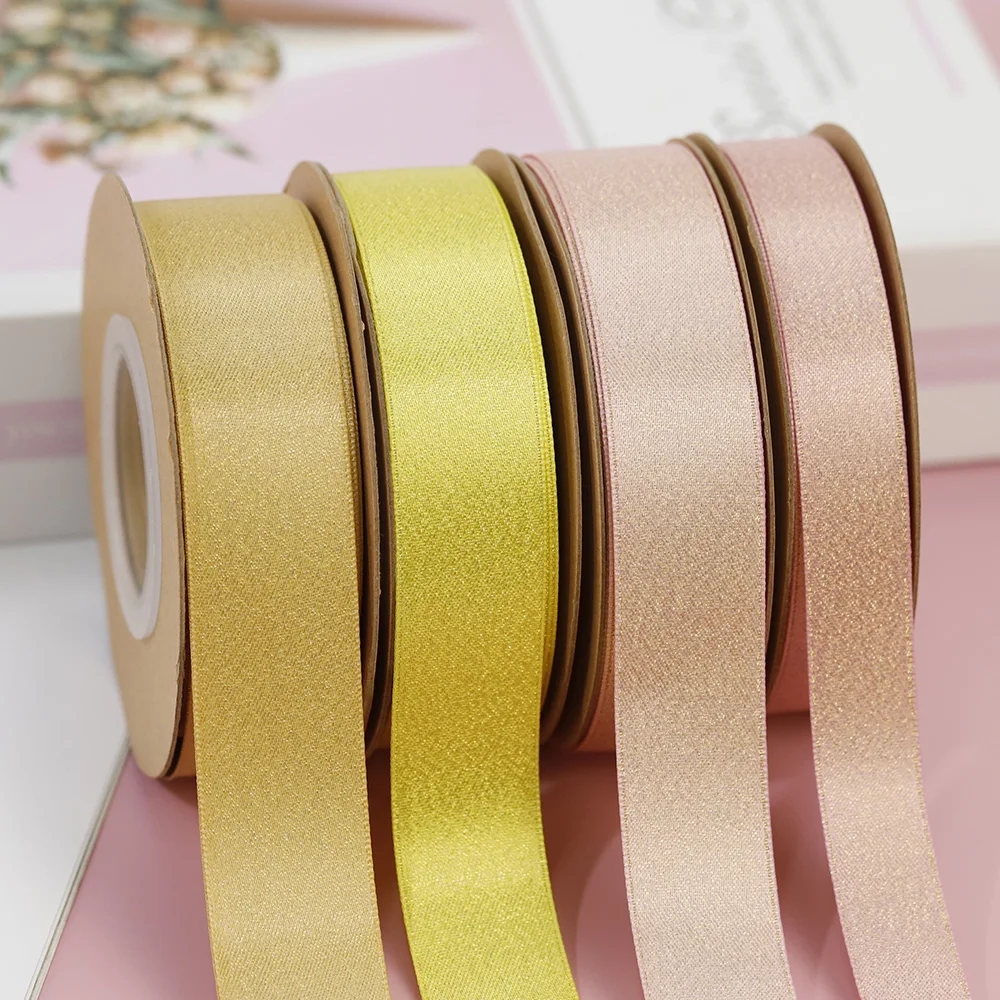 Lude Custom 20mm Luxury Gold Glitter Satin Ribbons Solid Color Double Face Ribbon for Gift Garment Decoration