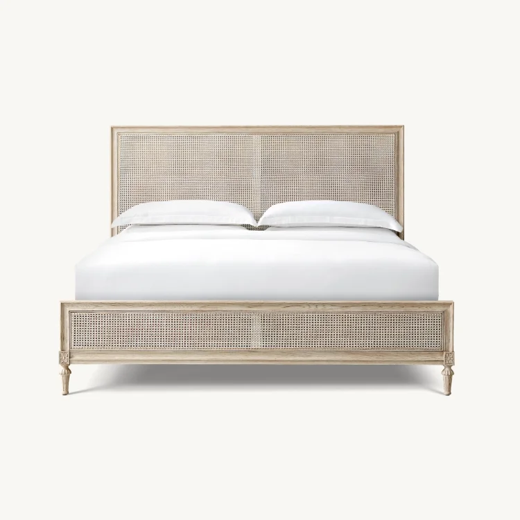 Faddish Grey Color King Size Bed White Oak Solide Wood Bed with Rattan