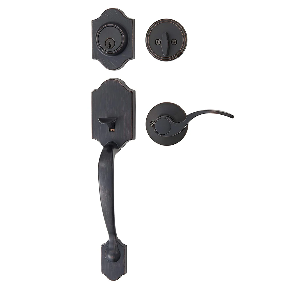 Iron Black Finish Single Cylinder Deadbolt Handle Set with Lever Door Handle Reversible for Right and Left Handed