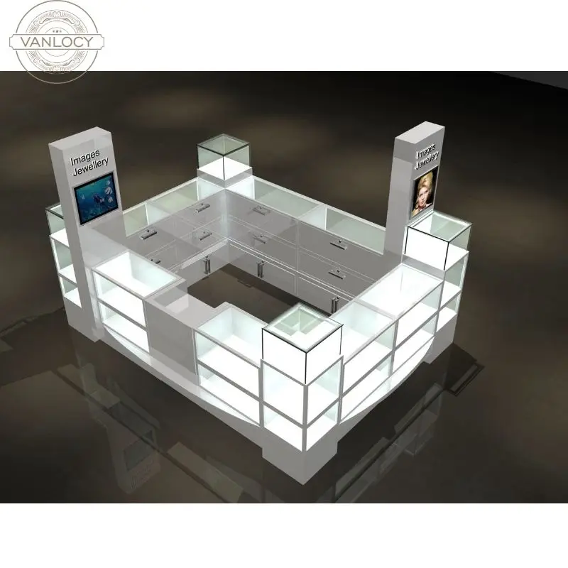 Large Space Wood White Paint Shopping Mall Jewelry Display Kiosk For Jewelry Display
