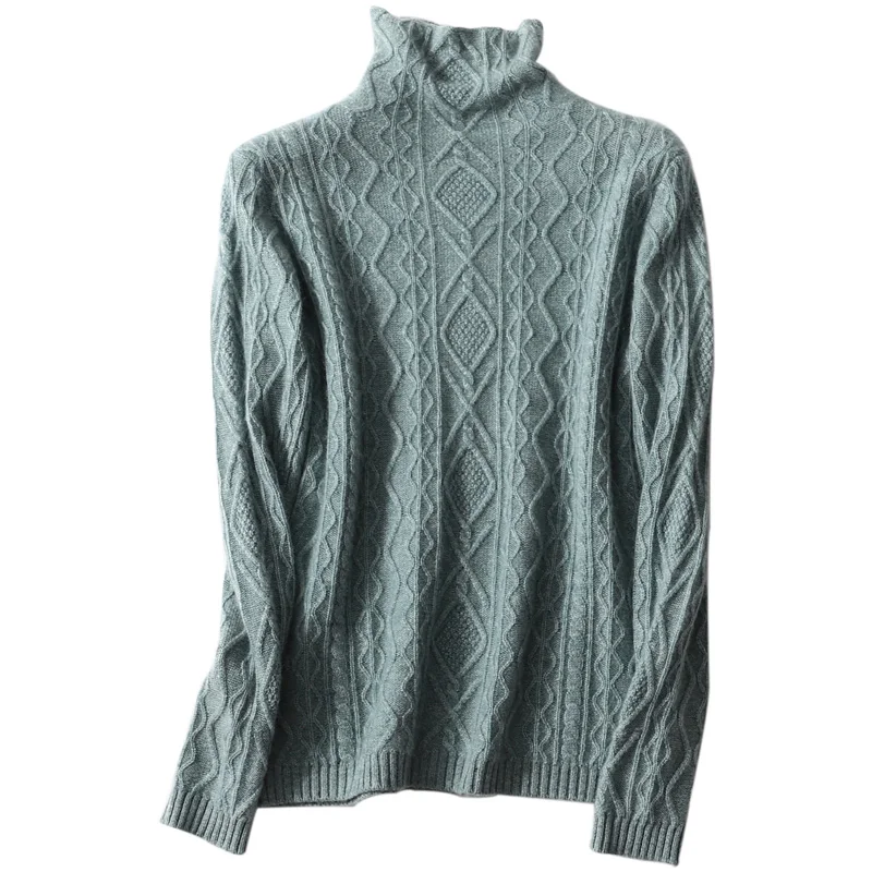 Модный зимний женский вязаный жаккардовый свитер с высоким воротником из 35% кашемира и 65% мериносовой шерсти