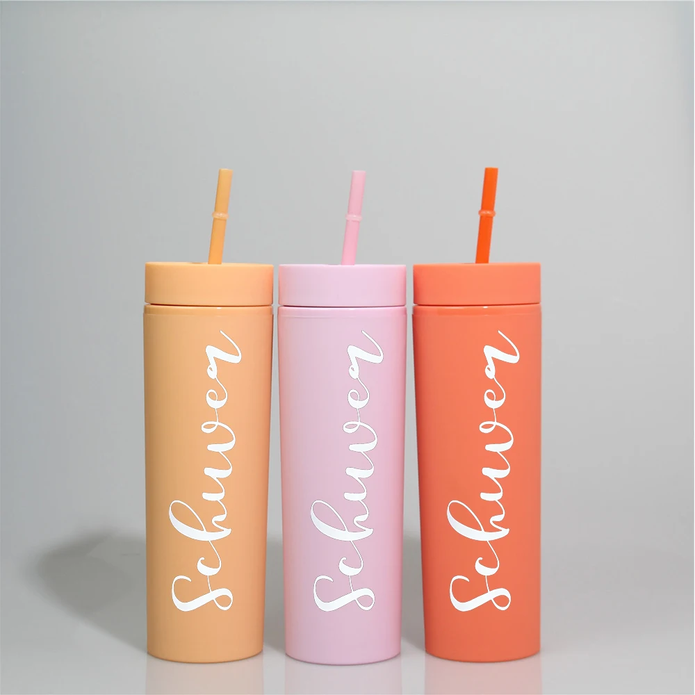 16oz Custom Script Matte Pastel Acrylic Skinny Tumbler For Bridesmaid Wedding Party
