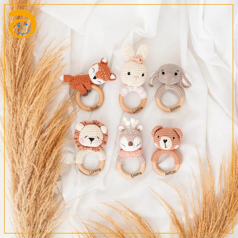 Handmade Cotton Yarn Creative Hand Knitted Crochet Rattle Baby Rattle Lion Elephant Bear Elk Kid Toy Comforter Bite Rattle Gift