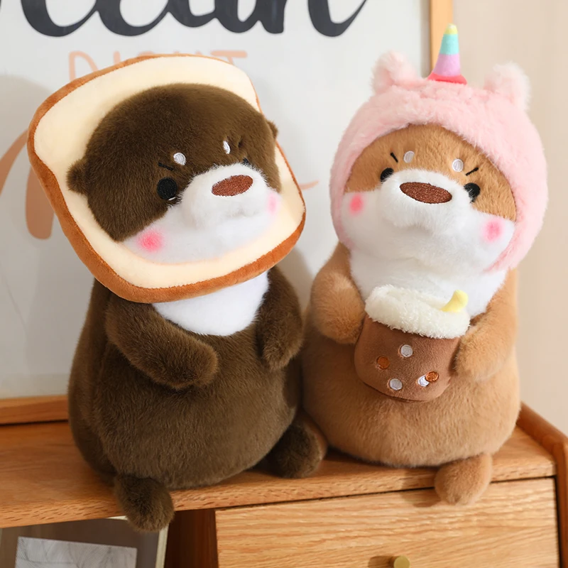 Creative Toast Otter Stuffed Sea Animal Otter Plush Toy Wearing Fish Shaped Hat Cosplay Sea Otter Dolls In Unicorn Dinosaur Head