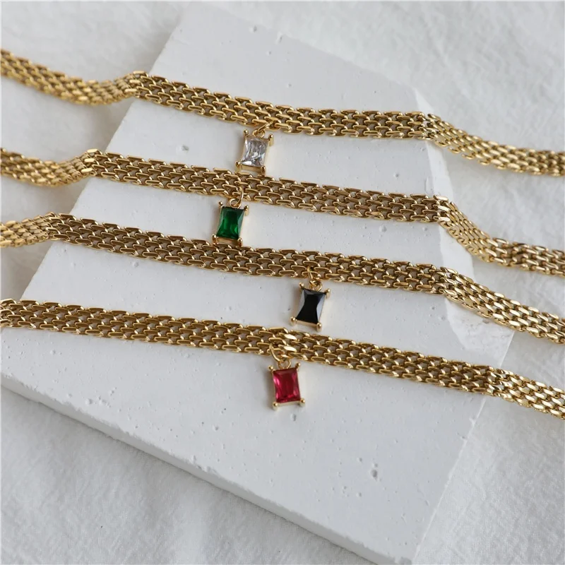 Trend Rectangle Ruby Emerald  Pendant hypoallergenic jewelry wholesale Wide Waterproof Band Choker Necklace