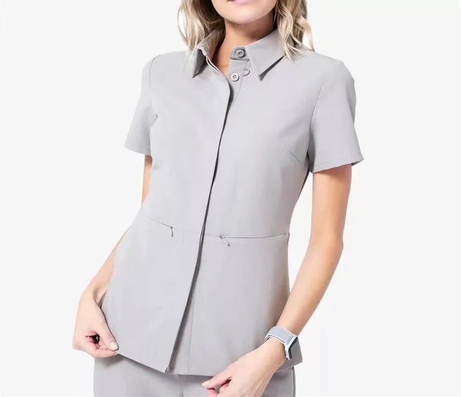 Fashionable Mandarin Collar Button Up Scrub Set Straight Stretchy Scrubs Uniforms Wholesale
