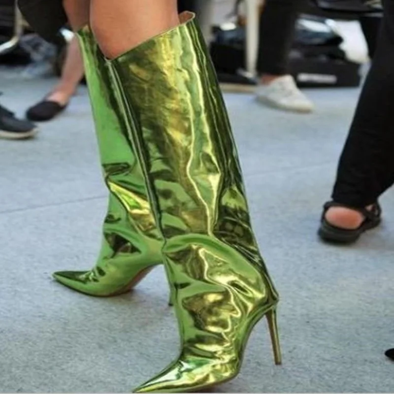 
Loose Slang Cut Mirror Leather Boots Dress Women Pointed Toe Side Zip Thin High Heel Knee High Boots Customized Big Size 45 