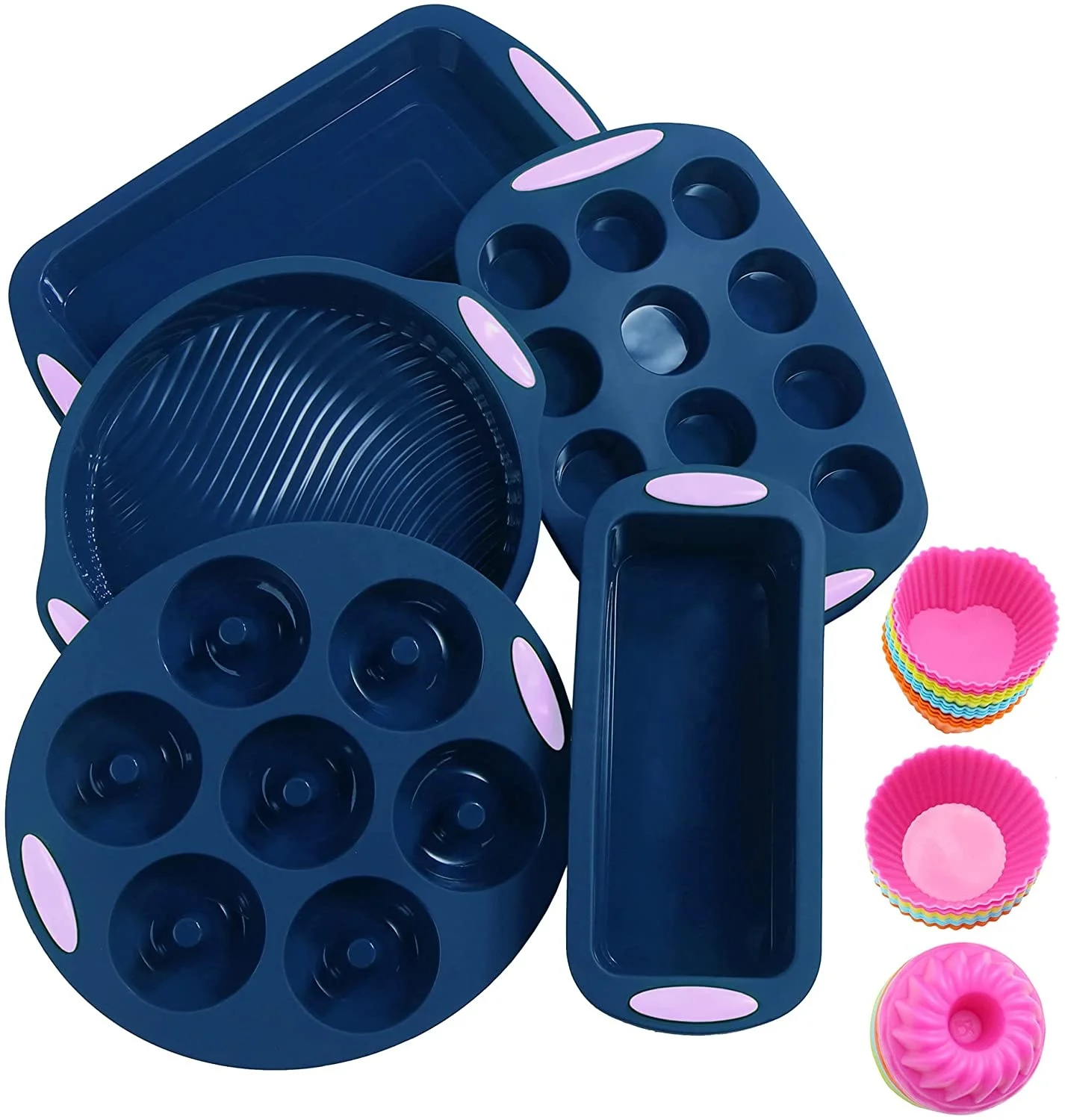 Factory Ready Wholesale 5pcs Set Dark Grey Silicone Bakeware Set Non-Stick Silicone Cake Baking Mold 12 Cup Muffin Pan Mold