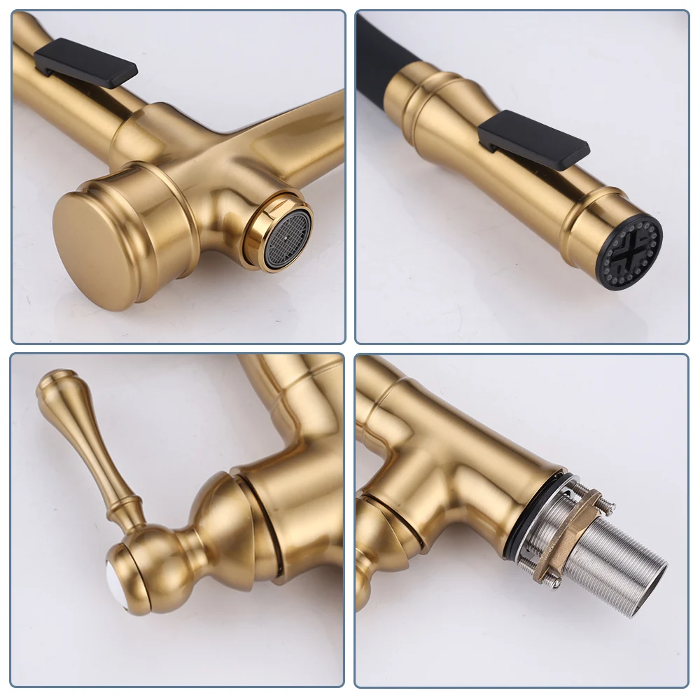 Brass Golden Kitchen Faucet Pull Down Sprayer Nozzle Hot Cold Water Mixer Tap Single Handle Kitchen Sink Taps