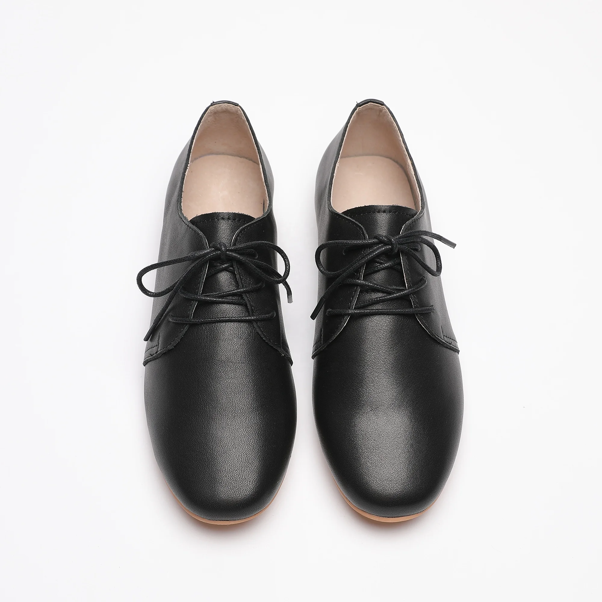 2024 Ladies Flat Casual Shoes Black Smooth Leather Classic Lace Up Oxford Shoes for Women