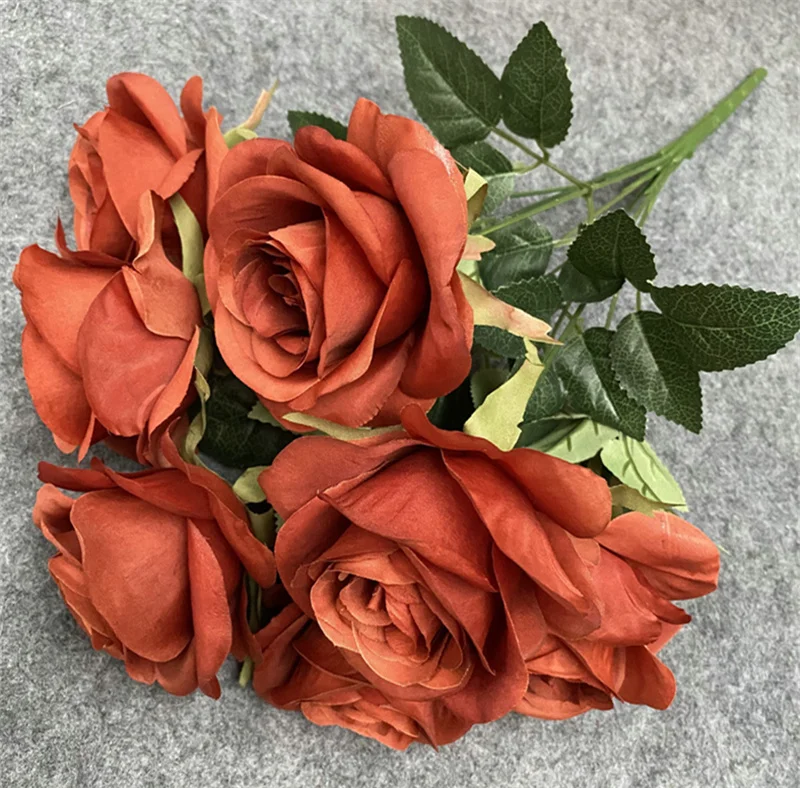 IFG Wholesale 9 Head Burnt Orange Autumnal Artificial Flower Roses Bouquet for Wedding Home Party Decoration