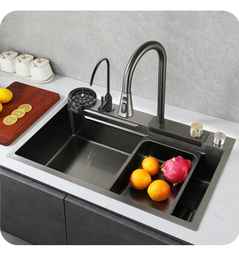 luxury kitchen sinks 304 stainless steel china farmhouse sink modern waterfall rainfall single bowl kitchen sink set black