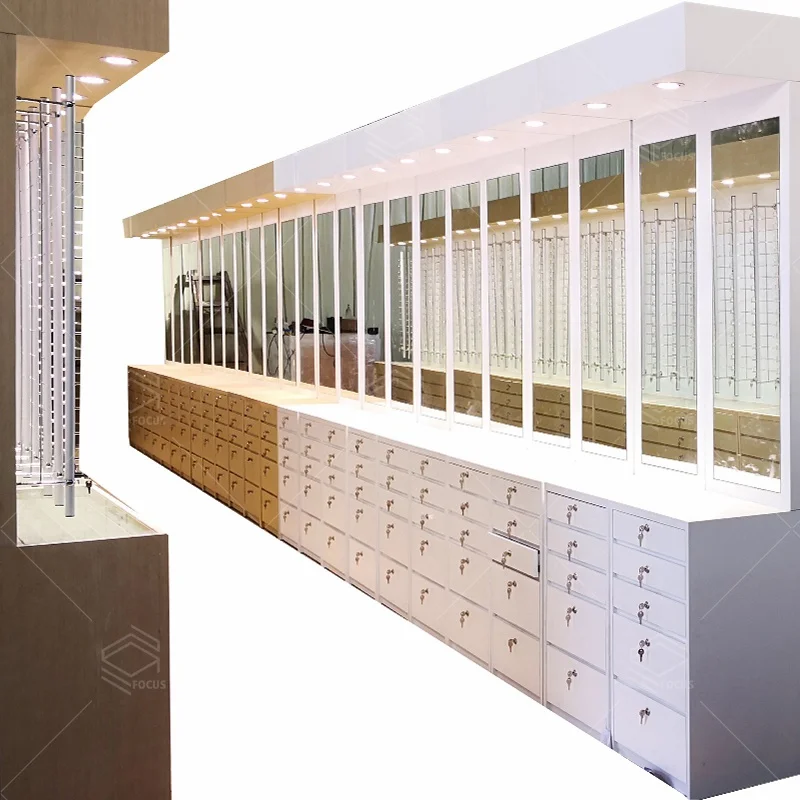 Wooden Eyeglasses store wall mounted display interior design for optical shop fancy optical shop design layout