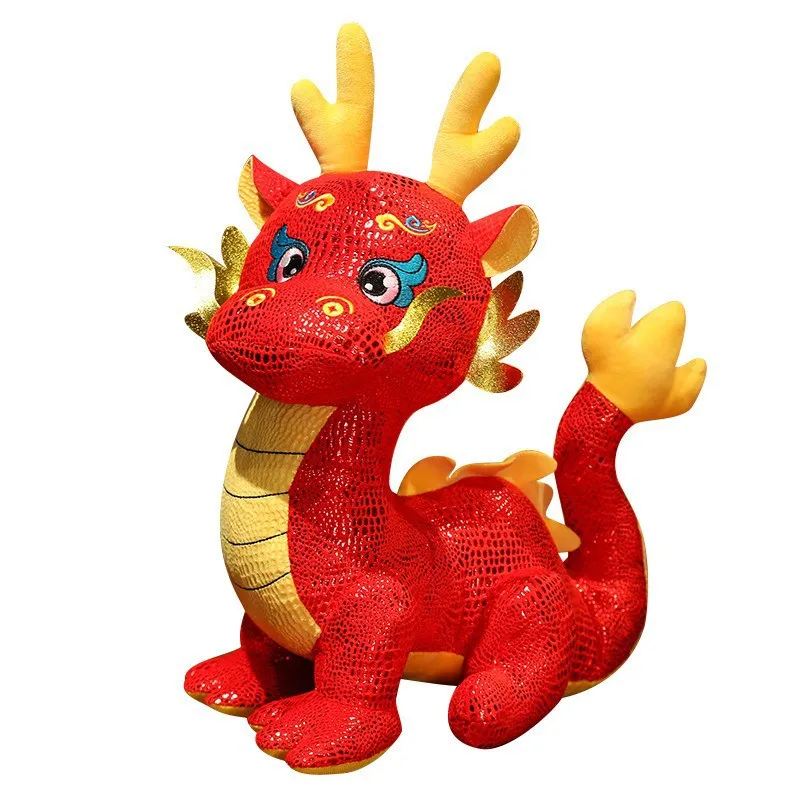 HL 2024 New Cartoon Zodiac Dragon Year Mascot Red Chinese Dragon Plush Toy Soft Stuffed Anime Animal Dragon Doll New Years Gift
