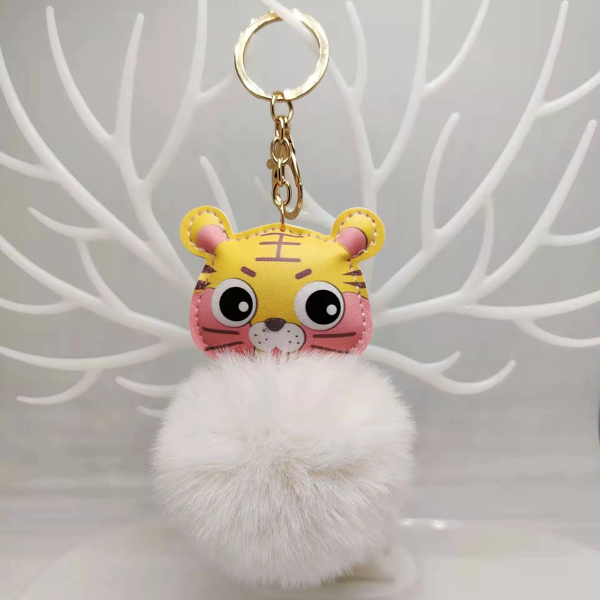 Wholesale Cute Mini Cartoon leather tiger Keychain Plush Toys colorful Animals Tiger keychain for backpack
