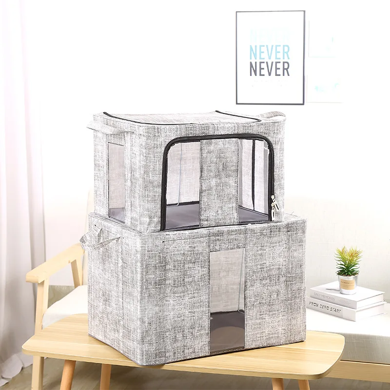 KUYUE Linen Clothes Storage Bags Frame Storage Bin Boxes Foldable Clothing Organizer Fabric Collapsible Clear Window Metal 1.16