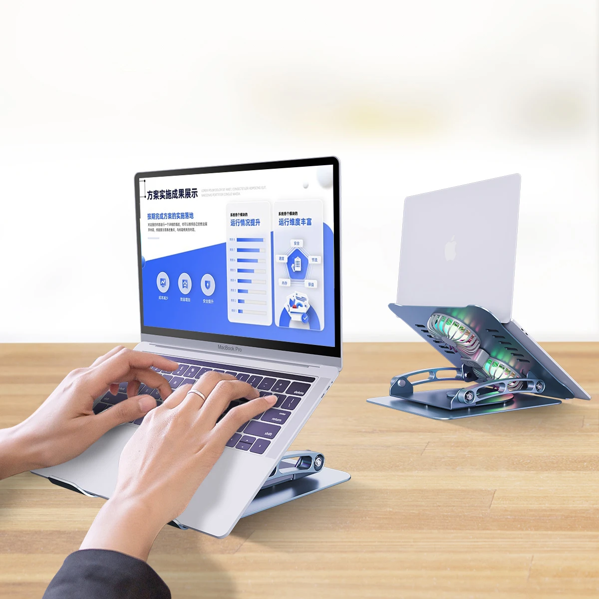 Yicosun Adjustable Ergonomic 2 fans Laptop Holder Aluminum Alloy Desk Laptop Stand Cooling Pads with 360 Rotating Base