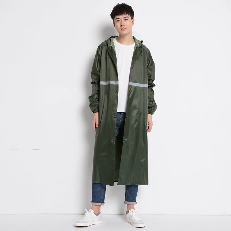 Mens Long Raincoat with Hood Waterproof Oxford PVC Safety Rain Jacket for Men Army Green Long Sleeve