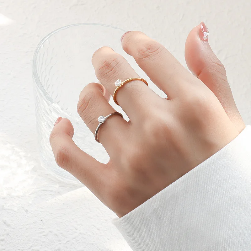 Minimalist Non Tarnish Free Waterproof Cast Jewelry 18K Gold Plated Stainless Steel Diamond CZ Zircon Ring