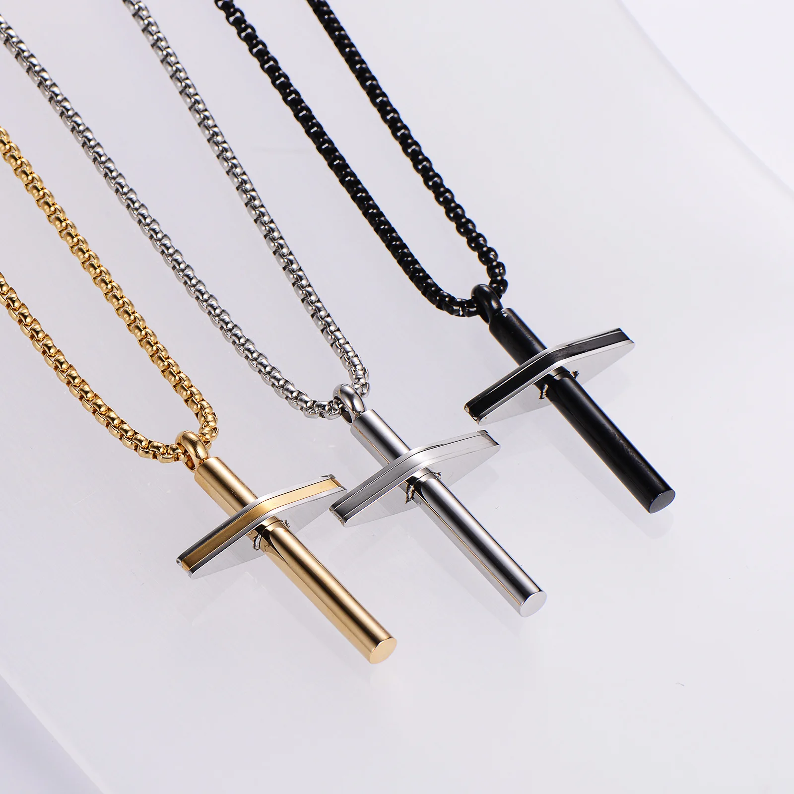 trendy jewelry waterproof stainless steel 18k gold plated cross cubic zircon pendant necklace men