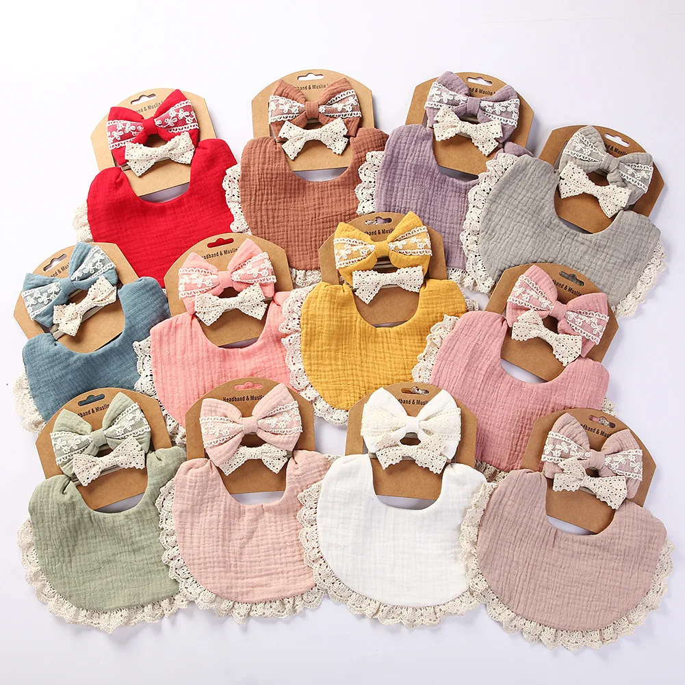 2024 hot sale 3 Pcs Cotton Linen Bib Burp Clothes Newborn Girl double sided solid lace trim drool baby muslin bib and bow