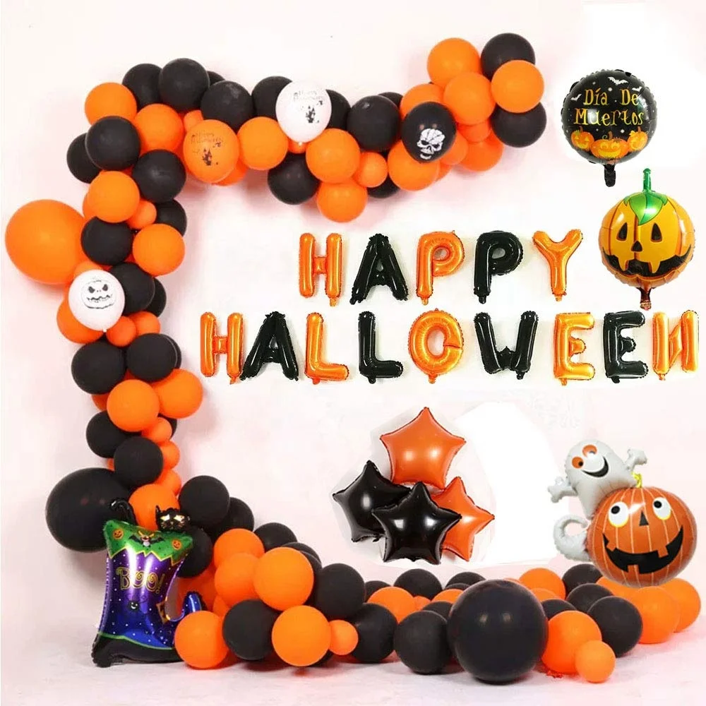 Halloween Party Decorations Orange Black Balloons Set Pumpkin Boot Happy Halloween Garland Mylar Star Balloons Tattoos Supplies