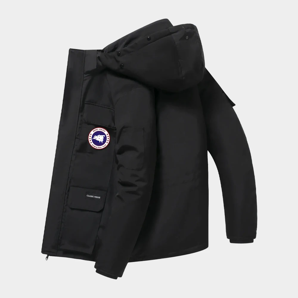 Wholesale Outdoor Warm Loose 100% Polyester Couple Raccoon Fur Jacket Hooded Customizable Armband Goose Jacket