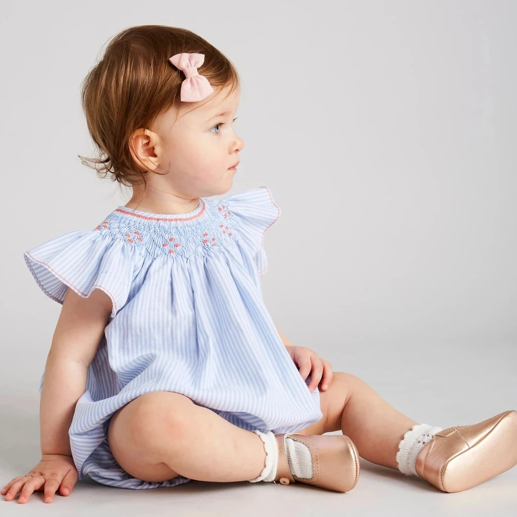 
High Quality Baby Light Blue Handsmocked Cotton Romper 