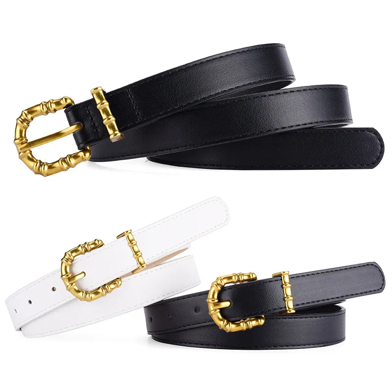Women Faux Leather Fashion Belt with Metal Bamboo Shape Buckle Ladies Needle Buckle Waist Belts For Dress