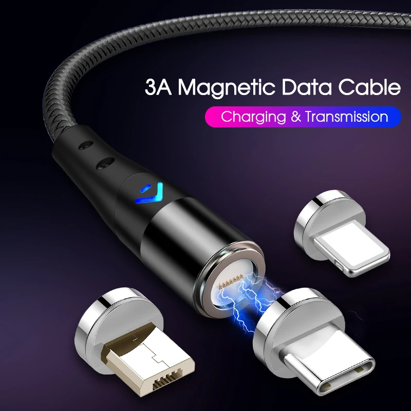  Нейлоновый плетеный 3 в 1 кабель 3A Type C Micro USB Магнитный для передачи данных вращающийся на 360 градусов зарядный