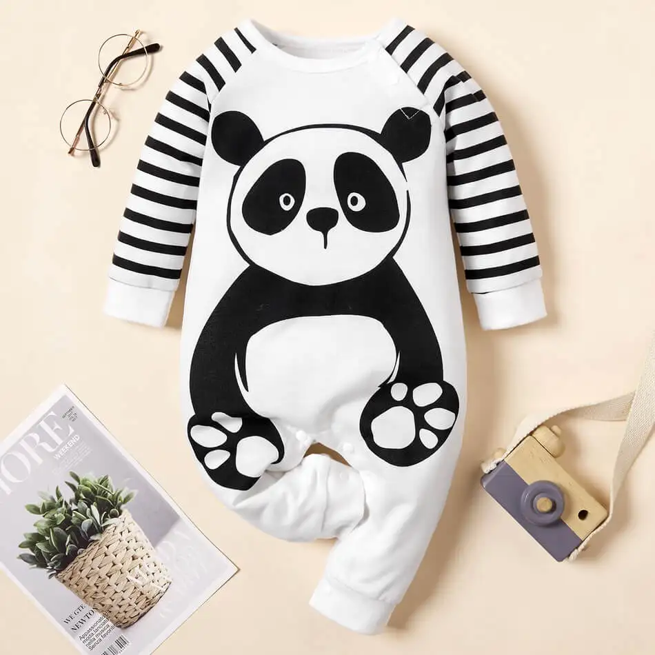 Custom Oem Cotton Baby Boy Girl Panda Jumper Jumpsuit Gender Neutral Cosy Infant Bodysuit Sleeper Black White Romper For Newborn