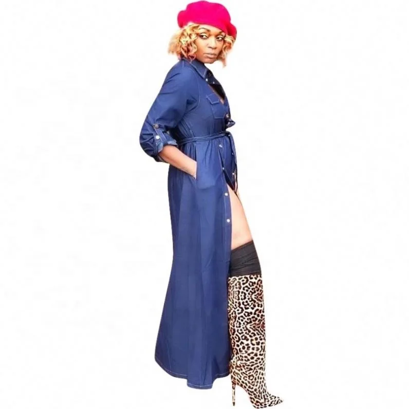 high quality dress brands women double slit denim long dress jeans