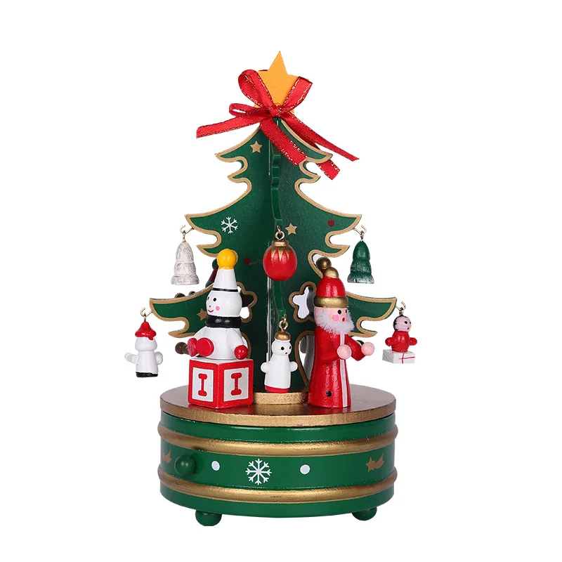 Creative Christmas Tree Wooden Music Box with Rotating & Musical Bell Ornaments Wholesale Window Decorations