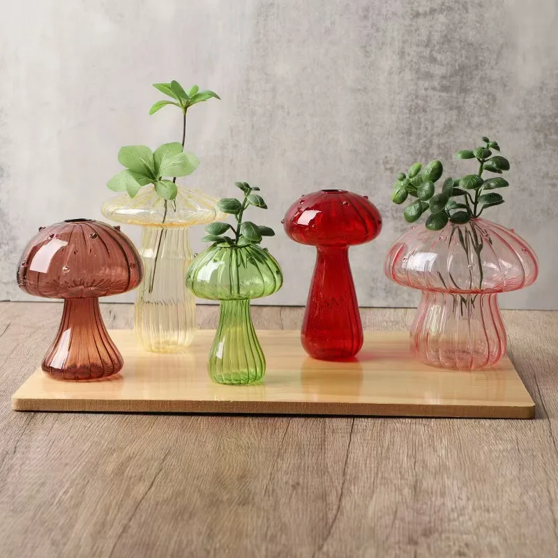 Glass Colorful Mushroom Vase Nordic Style Indoor Home Decor Hydroponic Plant Flower Arrangement Ornament Room Desktop Decoration