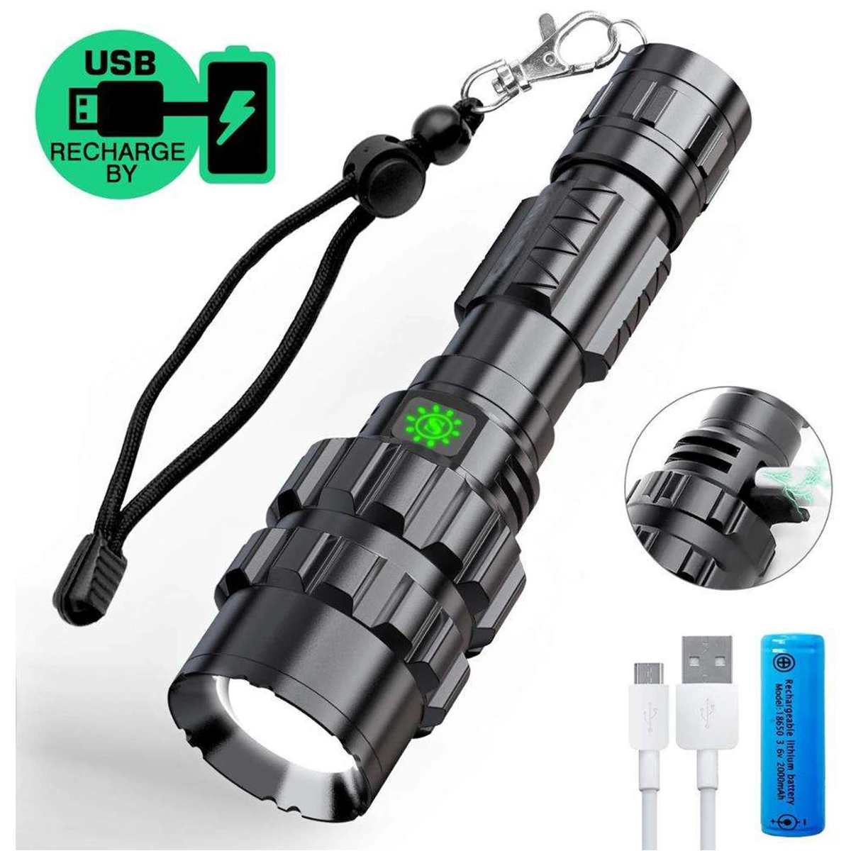 High Power Rechargeable Flashlight Whole Set Waterproof Led Aluminum Flashlight with Mouse Rat Tail Switch for Cycling