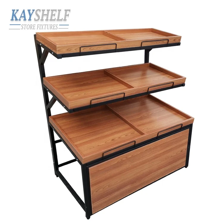 wood and metal steel structure single sided island modular gondola supermarket vegetable and fruit display shelf
