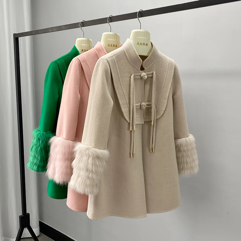 PUDI New Design Genuine Wool Overcoat With Fashion Chinese Style Fox Fur Cuff Winter Jacket CT273