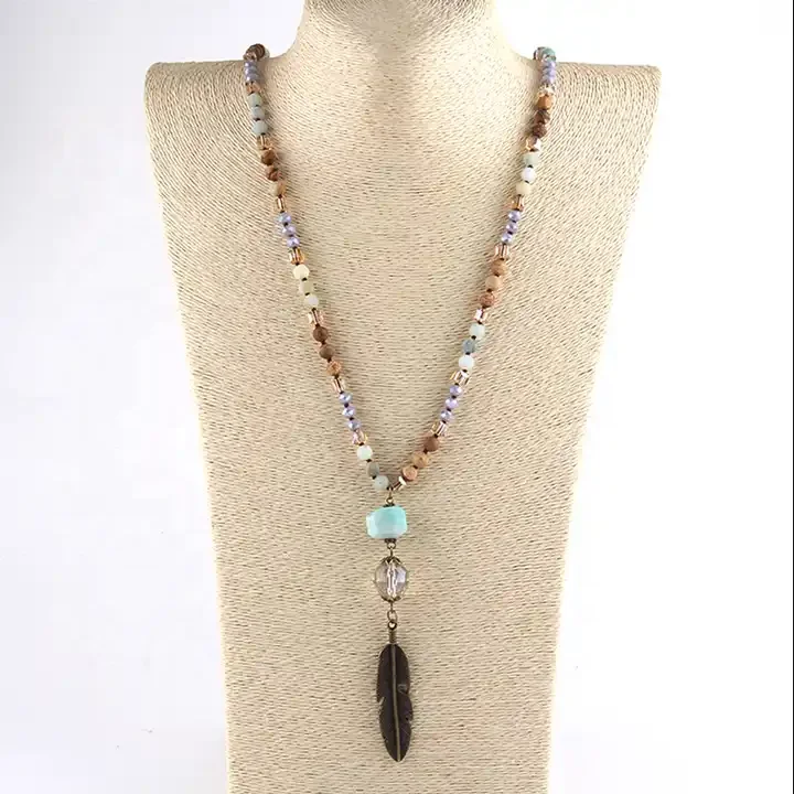 6mm Crystal Glass Natural Gemstone Beads Pic jasper Amazonite Leaf Pendant Necklace