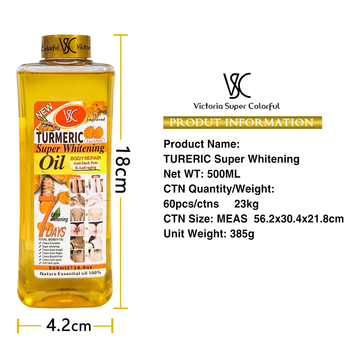 VSC Turmeric almond Massage Oil 7 days Moisturizing Brightening Facial Skin Removing Blackness rose body massage oil 500ml
