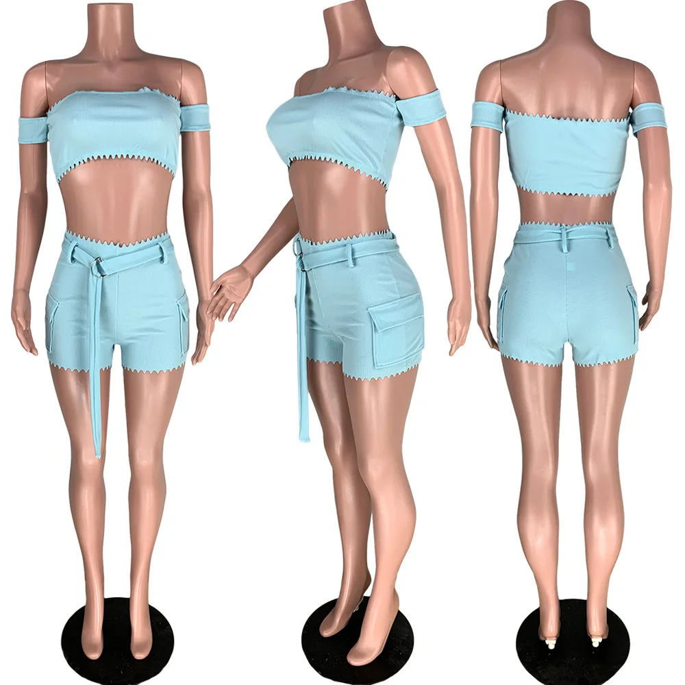 Fluorescent cargo sets with crop tops boat neck sexy belted pants women with pocket stylish x small women clothing 2 piece set