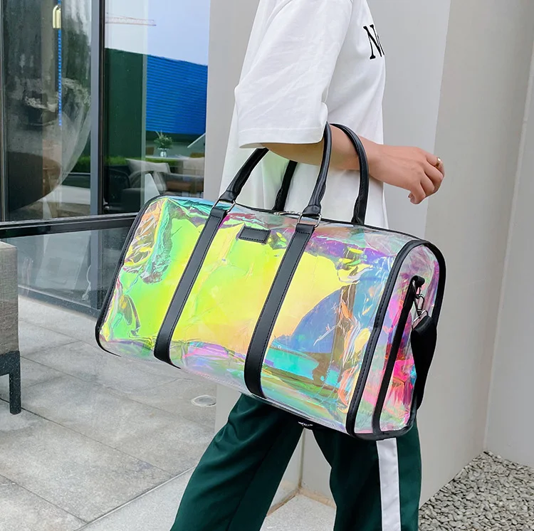 Customized Logo Overnight Gym Bag Waterproof Laser Pvc Transparent Spend The Night Minimalist Travel Duffle Bag